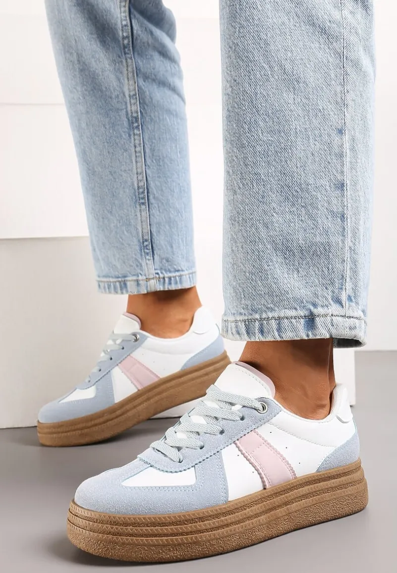 Niebiesko-Białe Sneakersy na Grubej Podeszwie z Ozdobnymi Przeszyciami Ysdole