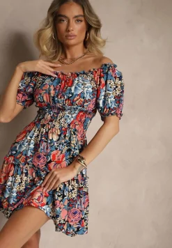 Niebiesko-Czarna Rozkloszowana Sukienka Mini z Gumkami w Pasie i Krótkimi Rękawami z Wiskozy Merrelle