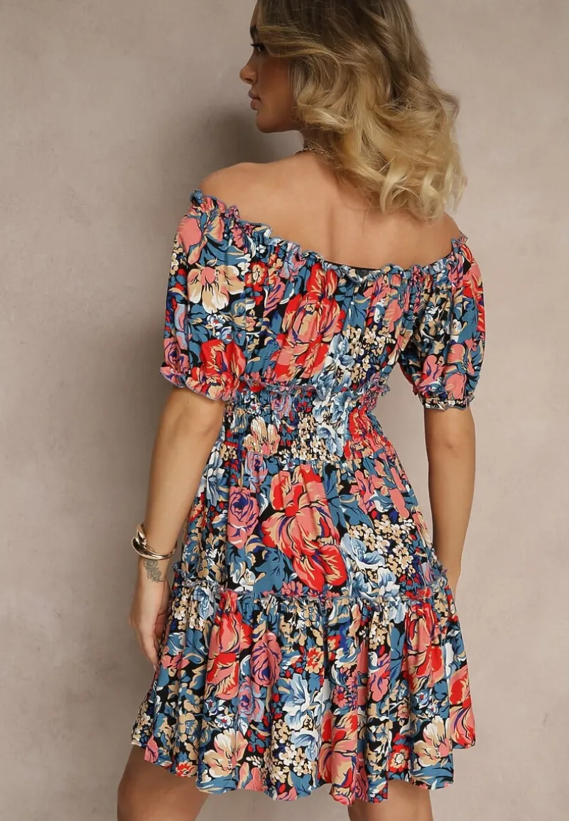 Niebiesko-Czarna Rozkloszowana Sukienka Mini z Gumkami w Pasie i Krótkimi Rękawami z Wiskozy Merrelle