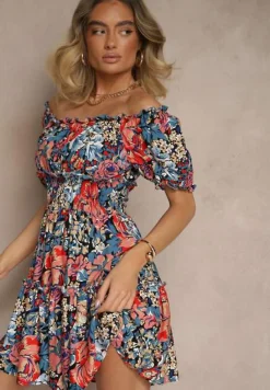 Niebiesko-Czarna Rozkloszowana Sukienka Mini z Gumkami w Pasie i Krótkimi Rękawami z Wiskozy Merrelle