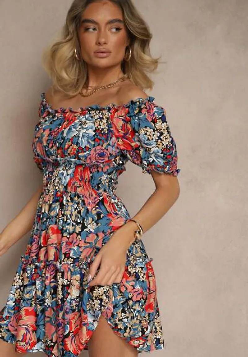 Niebiesko-Czarna Rozkloszowana Sukienka Mini z Gumkami w Pasie i Krótkimi Rękawami z Wiskozy Merrelle