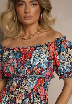 Niebiesko-Czarna Rozkloszowana Sukienka Mini z Gumkami w Pasie i Krótkimi Rękawami z Wiskozy Merrelle