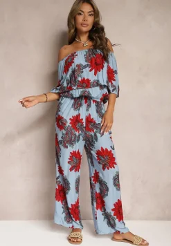 Niebiesko-Czerwony Wiskozowy Taliowany Kombinezon Ozdobiony Kwiecistym Wzorem Nelanora