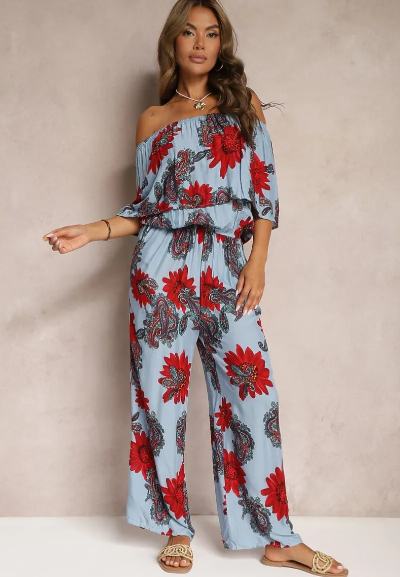 Niebiesko-Czerwony Wiskozowy Taliowany Kombinezon Ozdobiony Kwiecistym Wzorem Nelanora