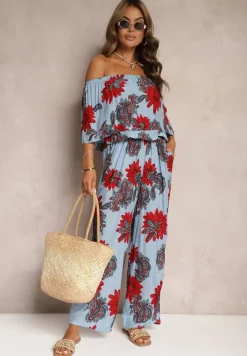 Niebiesko-Czerwony Wiskozowy Taliowany Kombinezon Ozdobiony Kwiecistym Wzorem Nelanora