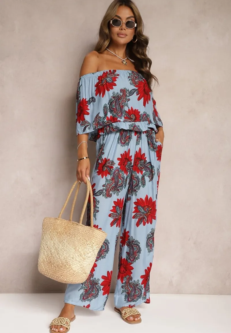 Niebiesko-Czerwony Wiskozowy Taliowany Kombinezon Ozdobiony Kwiecistym Wzorem Nelanora
