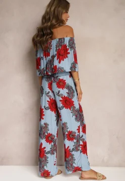 Niebiesko-Czerwony Wiskozowy Taliowany Kombinezon Ozdobiony Kwiecistym Wzorem Nelanora