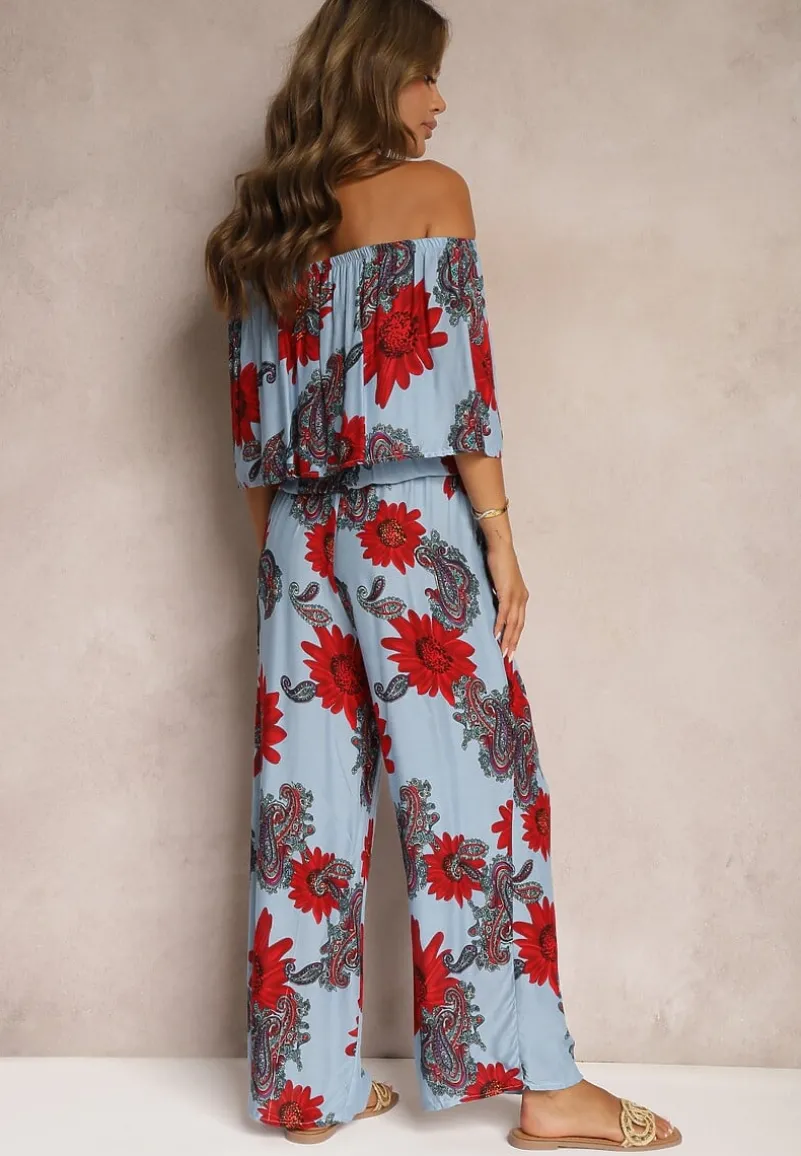 Niebiesko-Czerwony Wiskozowy Taliowany Kombinezon Ozdobiony Kwiecistym Wzorem Nelanora