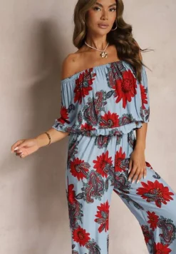 Niebiesko-Czerwony Wiskozowy Taliowany Kombinezon Ozdobiony Kwiecistym Wzorem Nelanora