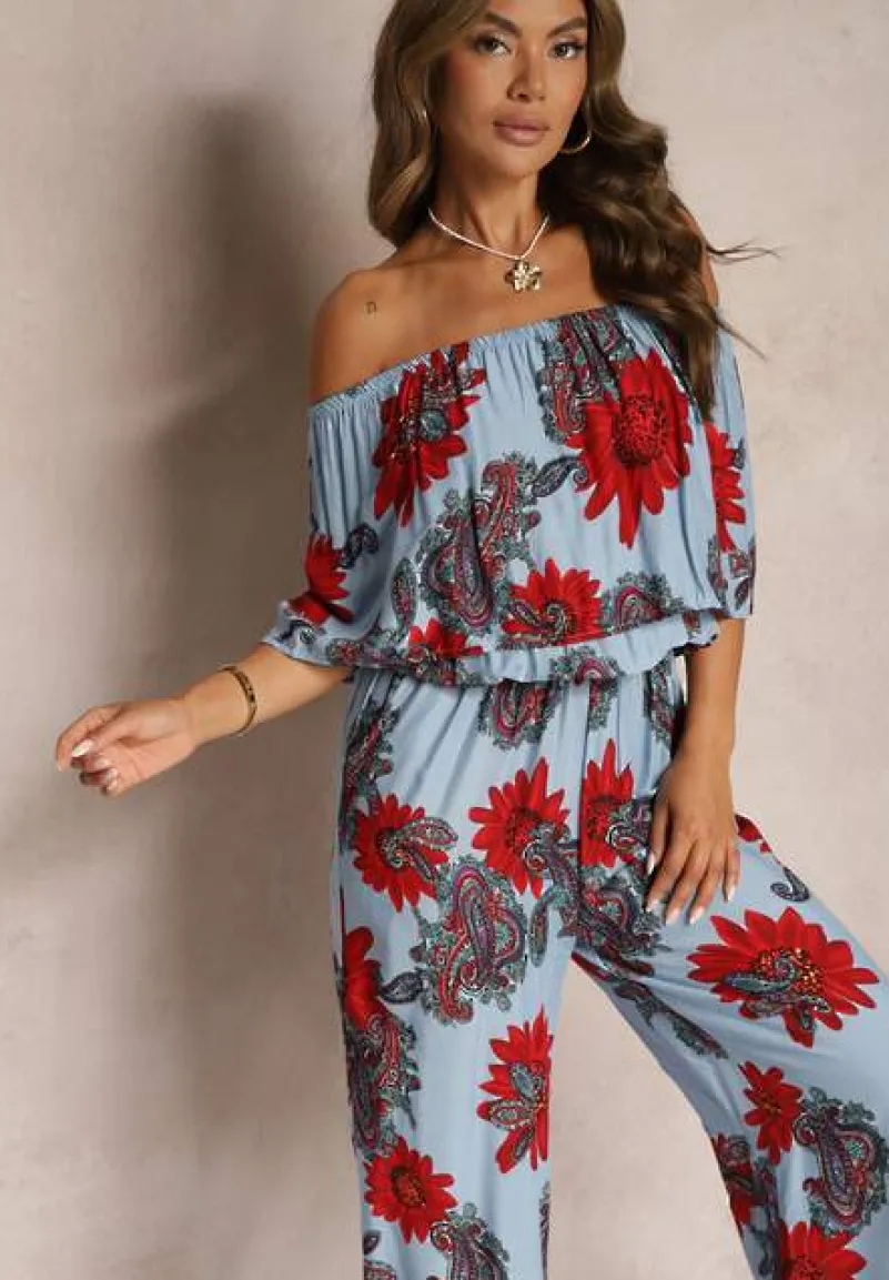 Niebiesko-Czerwony Wiskozowy Taliowany Kombinezon Ozdobiony Kwiecistym Wzorem Nelanora