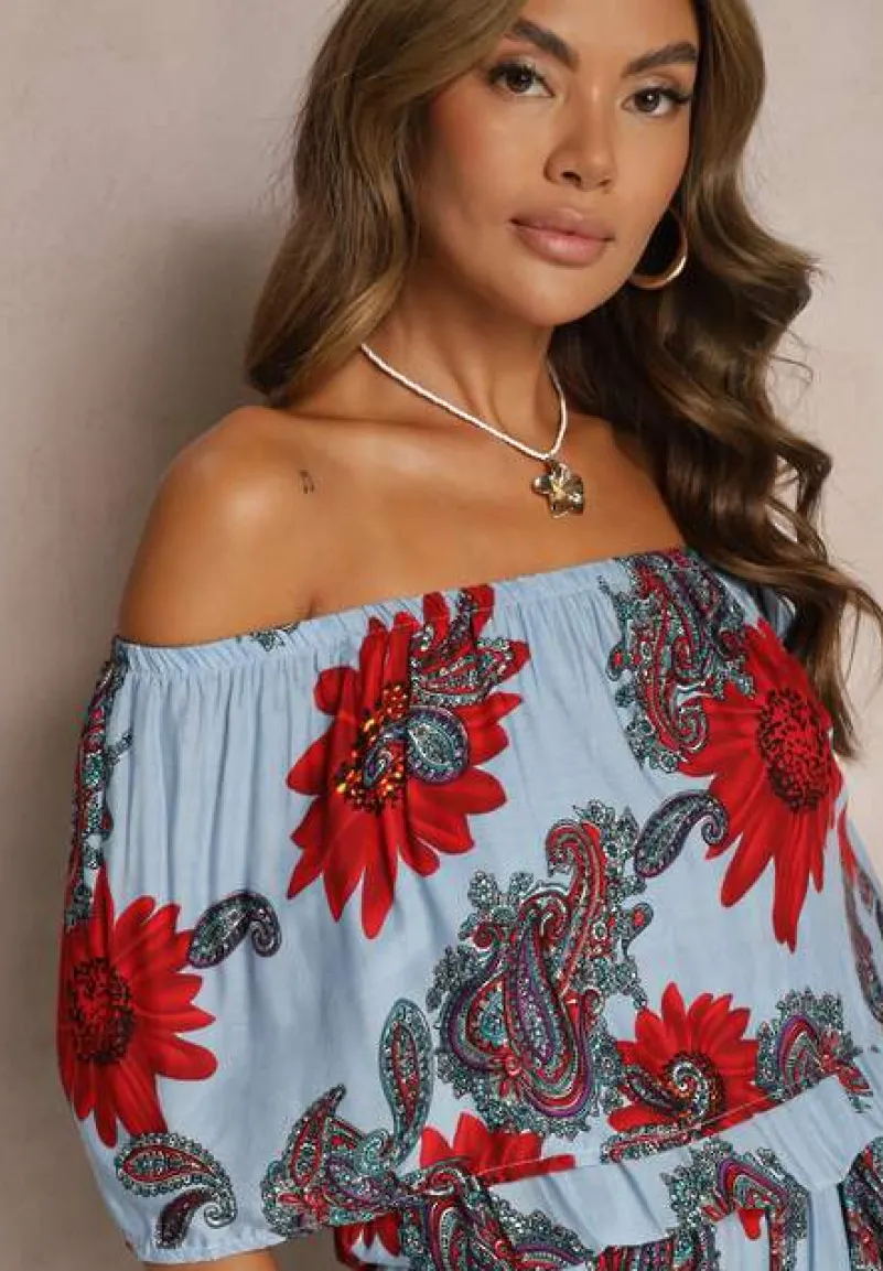 Niebiesko-Czerwony Wiskozowy Taliowany Kombinezon Ozdobiony Kwiecistym Wzorem Nelanora