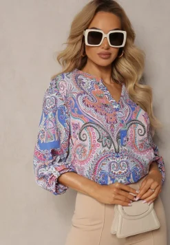 Niebiesko-Fioletowa Bluzka Koszula z Kolorowym Ornamentalnym Wzorem i Guzikami Przy Dekolcie Adelra