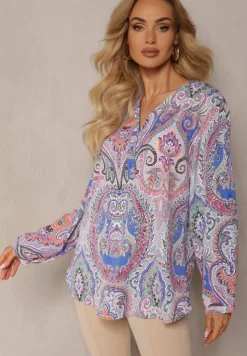 Niebiesko-Fioletowa Bluzka Koszula z Kolorowym Ornamentalnym Wzorem i Guzikami Przy Dekolcie Adelra