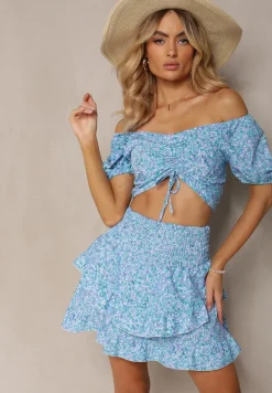 Niebiesko-Fioletowy Komplet Bluzka w Stylu Hiszpanki i Spódniczka z Gumką Salsem