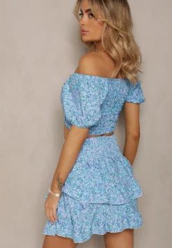 Niebiesko-Fioletowy Komplet Bluzka w Stylu Hiszpanki i Spódniczka z Gumką Salsem