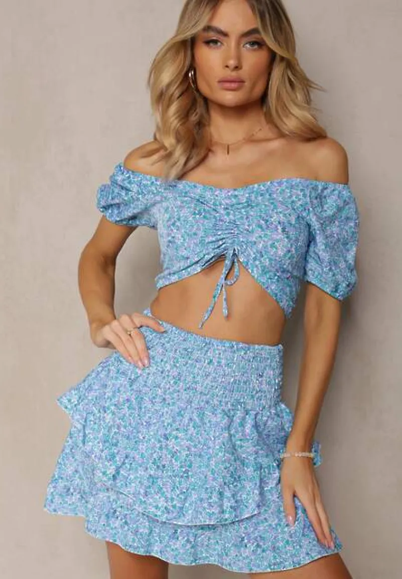 Niebiesko-Fioletowy Komplet Bluzka w Stylu Hiszpanki i Spódniczka z Gumką Salsem