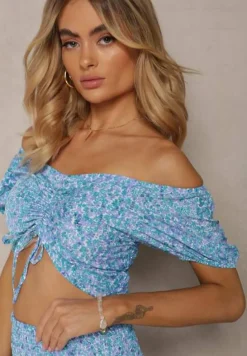 Niebiesko-Fioletowy Komplet Bluzka w Stylu Hiszpanki i Spódniczka z Gumką Salsem