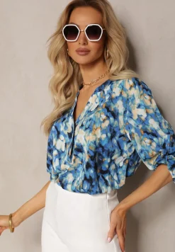 Niebiesko-Granatowa Bluzka z Guzikami Przy Dekolcie i Bufiastymi Rękawami Terrida