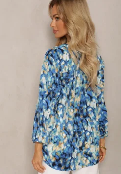 Niebiesko-Granatowa Bluzka z Guzikami Przy Dekolcie i Bufiastymi Rękawami Terrida