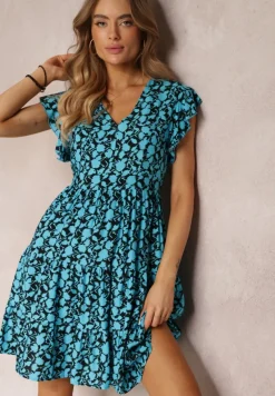 Niebiesko-Granatowa Rozkloszowana Sukienka z Wiskozy z Falbankami Tuls