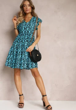 Niebiesko-Granatowa Rozkloszowana Sukienka z Wiskozy z Falbankami Tuls