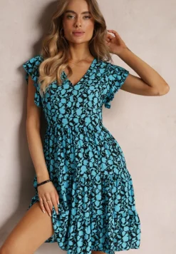 Niebiesko-Granatowa Rozkloszowana Sukienka z Wiskozy z Falbankami Tuls