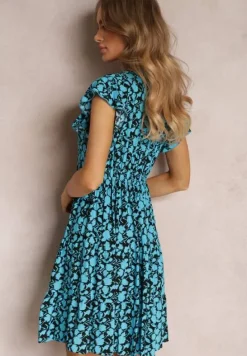 Niebiesko-Granatowa Rozkloszowana Sukienka z Wiskozy z Falbankami Tuls