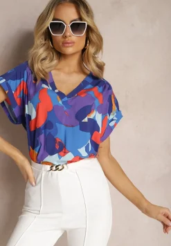 Niebiesko-Pomarańczowa Bluzka z Wiskozy z Trójkątnym Dekoltem i Abstrakcyjnym Wzorem Duvina