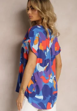 Niebiesko-Pomarańczowa Bluzka z Wiskozy z Trójkątnym Dekoltem i Abstrakcyjnym Wzorem Duvina