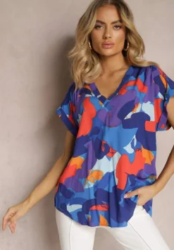 Niebiesko-Pomarańczowa Bluzka z Wiskozy z Trójkątnym Dekoltem i Abstrakcyjnym Wzorem Duvina