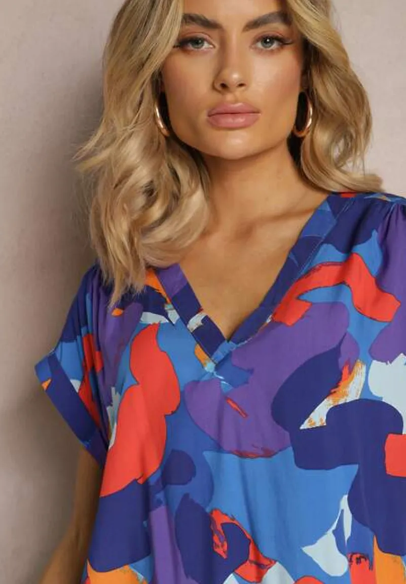 Niebiesko-Pomarańczowa Bluzka z Wiskozy z Trójkątnym Dekoltem i Abstrakcyjnym Wzorem Duvina