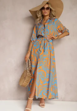 Niebiesko-Pomarańczowa Sukienka Koszulowa Maxi z Materiałowym Paskiem w Abstrakcyjny Print Lirans