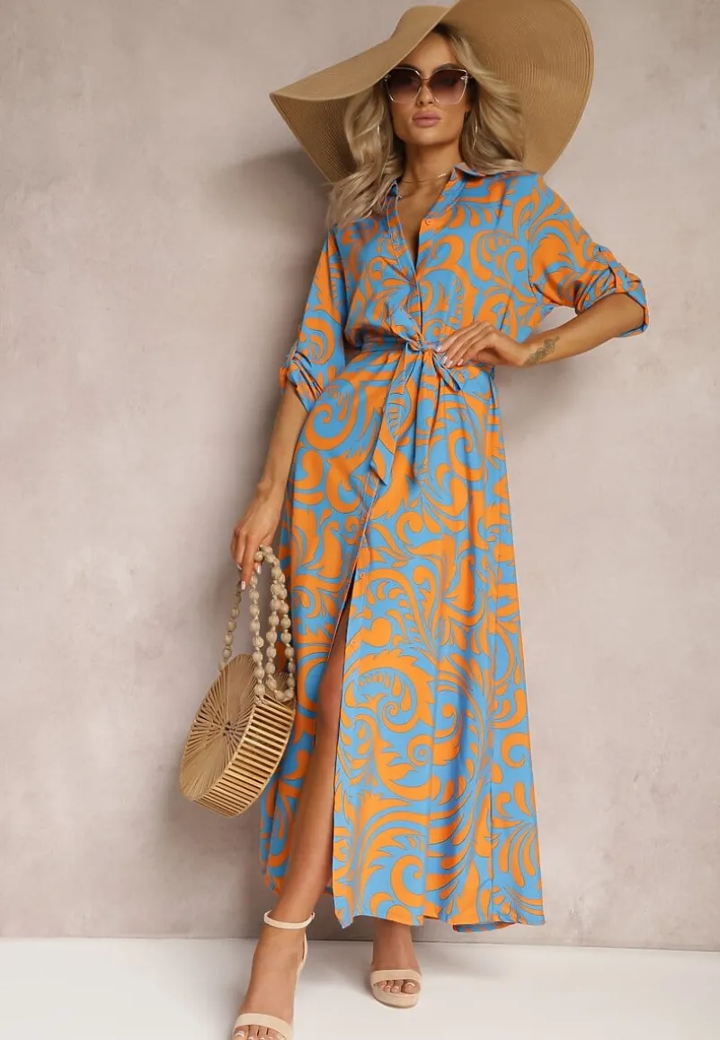 Niebiesko-Pomarańczowa Sukienka Koszulowa Maxi z Materiałowym Paskiem w Abstrakcyjny Print Lirans