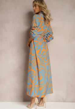 Niebiesko-Pomarańczowa Sukienka Koszulowa Maxi z Materiałowym Paskiem w Abstrakcyjny Print Lirans