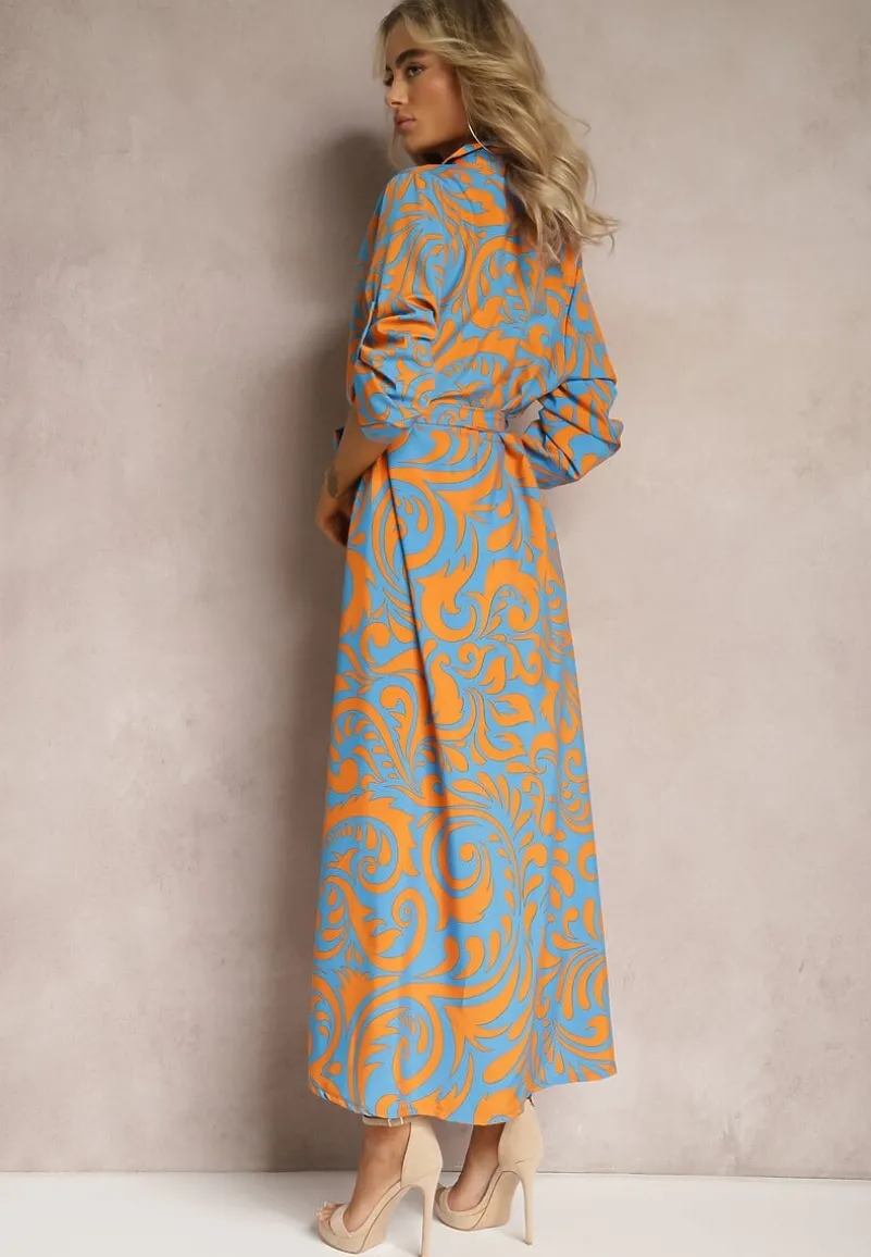 Niebiesko-Pomarańczowa Sukienka Koszulowa Maxi z Materiałowym Paskiem w Abstrakcyjny Print Lirans