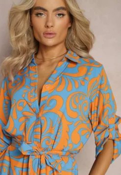 Niebiesko-Pomarańczowa Sukienka Koszulowa Maxi z Materiałowym Paskiem w Abstrakcyjny Print Lirans