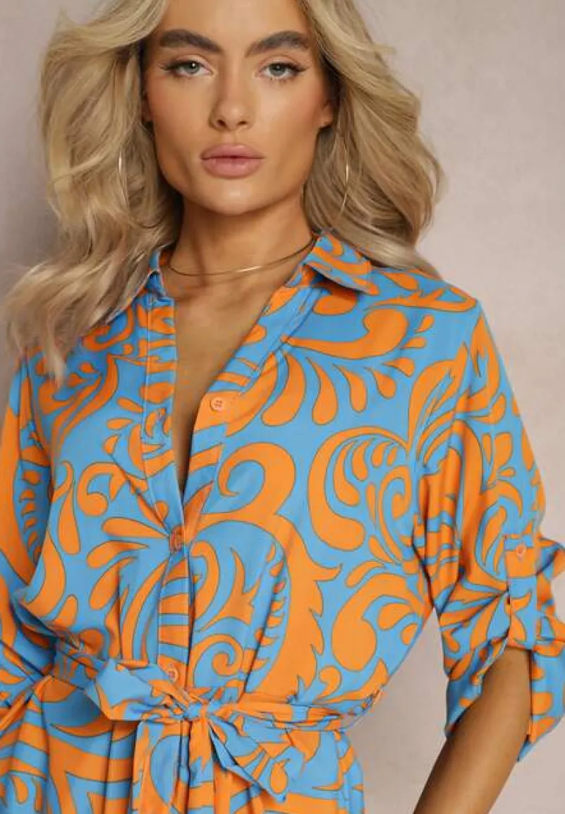 Niebiesko-Pomarańczowa Sukienka Koszulowa Maxi z Materiałowym Paskiem w Abstrakcyjny Print Lirans