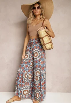 Niebiesko-Pomarańczowe Spodnie Typu Palazzo z Wiskozy High Waist z Gumką w Pasie Bistalia