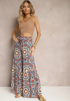 Niebiesko-Pomarańczowe Spodnie Typu Palazzo z Wiskozy High Waist z Gumką w Pasie Bistalia