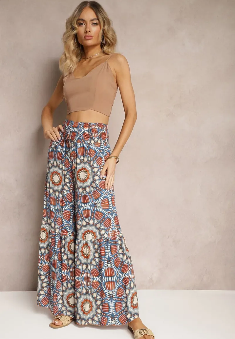 Niebiesko-Pomarańczowe Spodnie Typu Palazzo z Wiskozy High Waist z Gumką w Pasie Bistalia