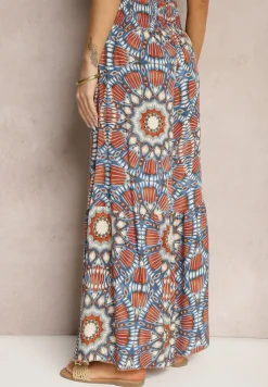 Niebiesko-Pomarańczowe Spodnie Typu Palazzo z Wiskozy High Waist z Gumką w Pasie Bistalia