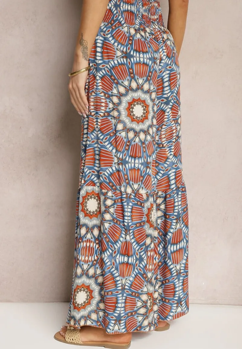 Niebiesko-Pomarańczowe Spodnie Typu Palazzo z Wiskozy High Waist z Gumką w Pasie Bistalia