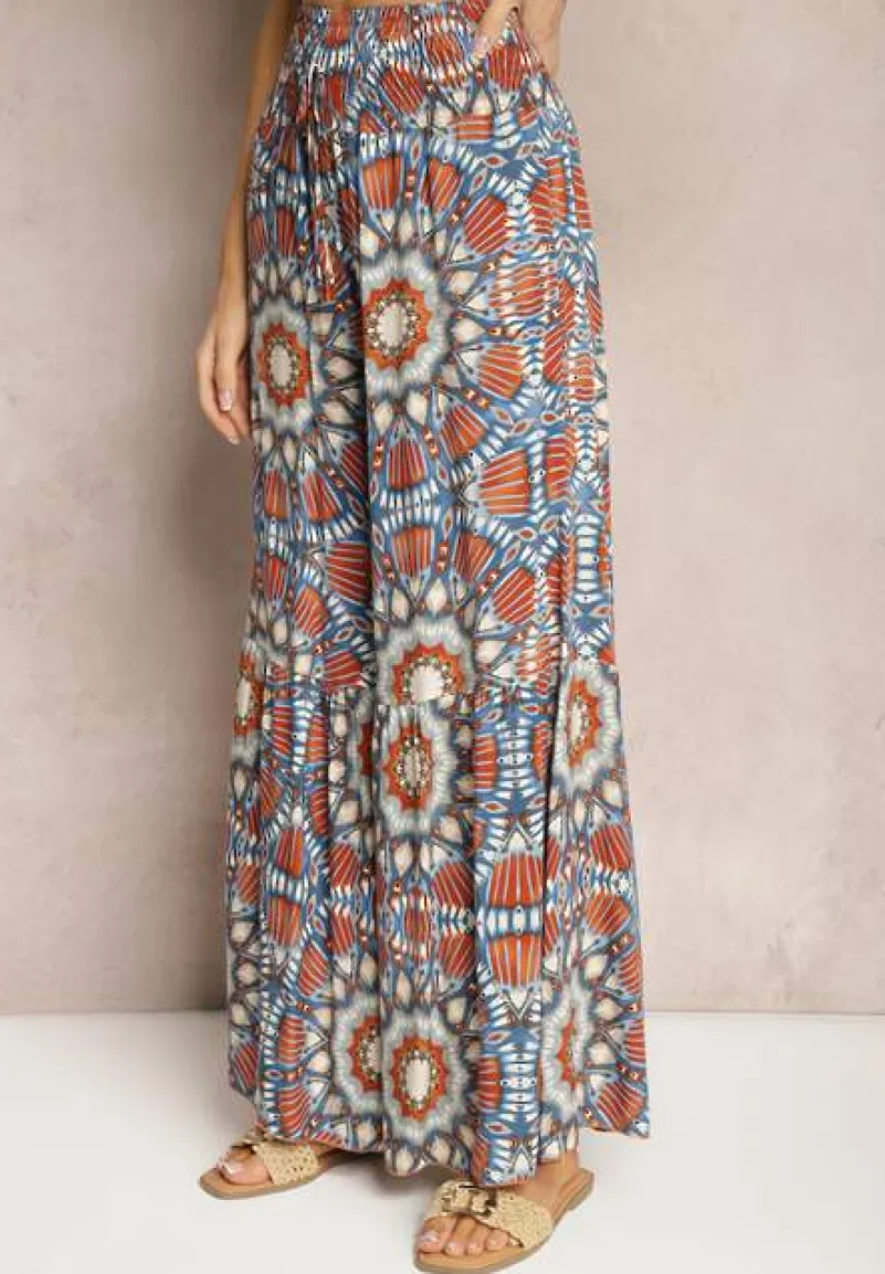 Niebiesko-Pomarańczowe Spodnie Typu Palazzo z Wiskozy High Waist z Gumką w Pasie Bistalia