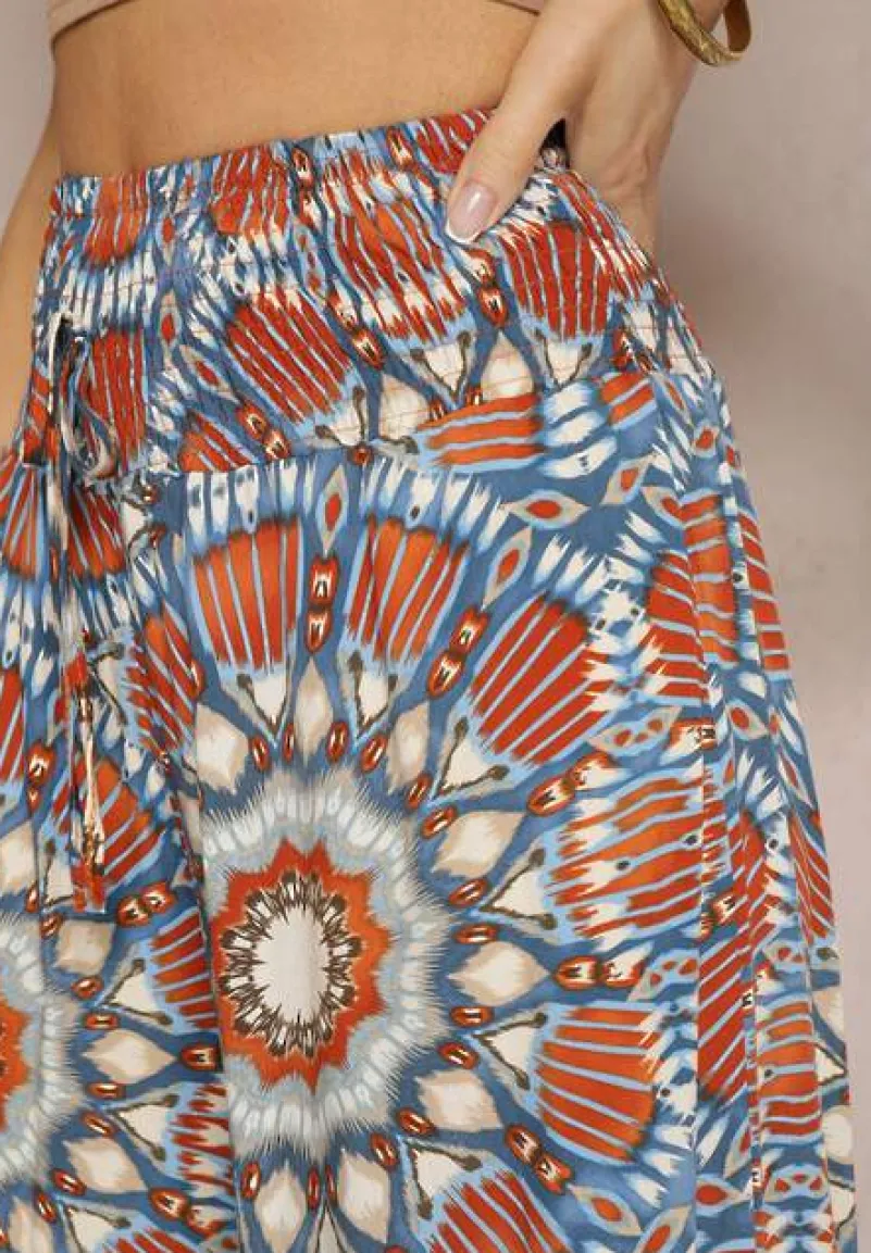 Niebiesko-Pomarańczowe Spodnie Typu Palazzo z Wiskozy High Waist z Gumką w Pasie Bistalia