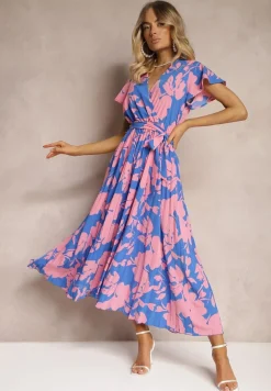 Niebiesko-Różowa Kopertowa Plisowana Sukienka Koktajlowa z Gumką i Paskiem w Talii Benelsea