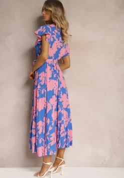 Niebiesko-Różowa Kopertowa Plisowana Sukienka Koktajlowa z Gumką i Paskiem w Talii Benelsea