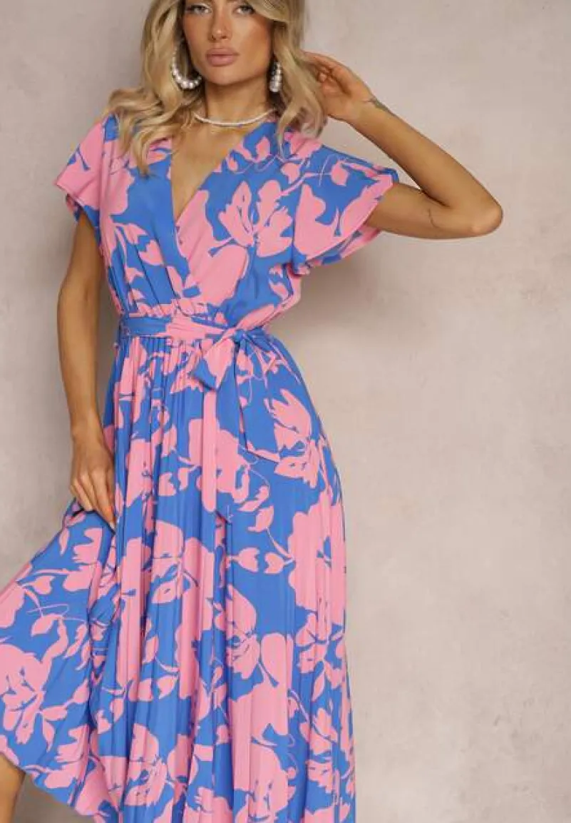 Niebiesko-Różowa Kopertowa Plisowana Sukienka Koktajlowa z Gumką i Paskiem w Talii Benelsea