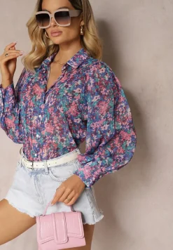 Niebiesko-Różowa Koszula z Bufiastymi Rękawami z Kwiatowym Printem Paedria