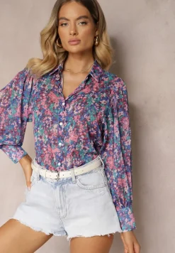 Niebiesko-Różowa Koszula z Bufiastymi Rękawami z Kwiatowym Printem Paedria