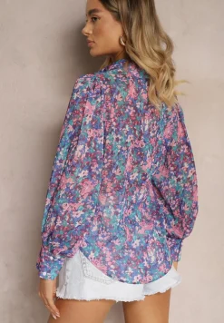 Niebiesko-Różowa Koszula z Bufiastymi Rękawami z Kwiatowym Printem Paedria